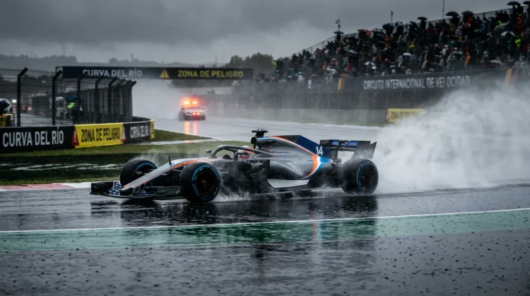 Monoplaza de F1 rodando en pista mojada bajo la lluvia con salpicaduras de agua visibles