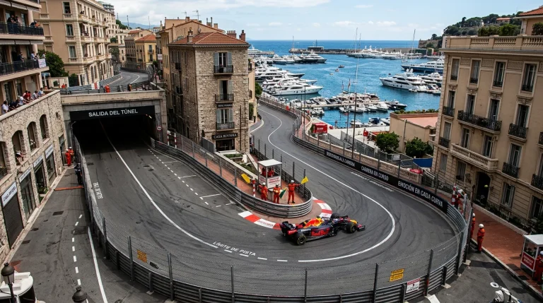 Monoplaza de F1 en el circuito urbano de Mónaco pasando por la curva de la piscina con guardarraíles