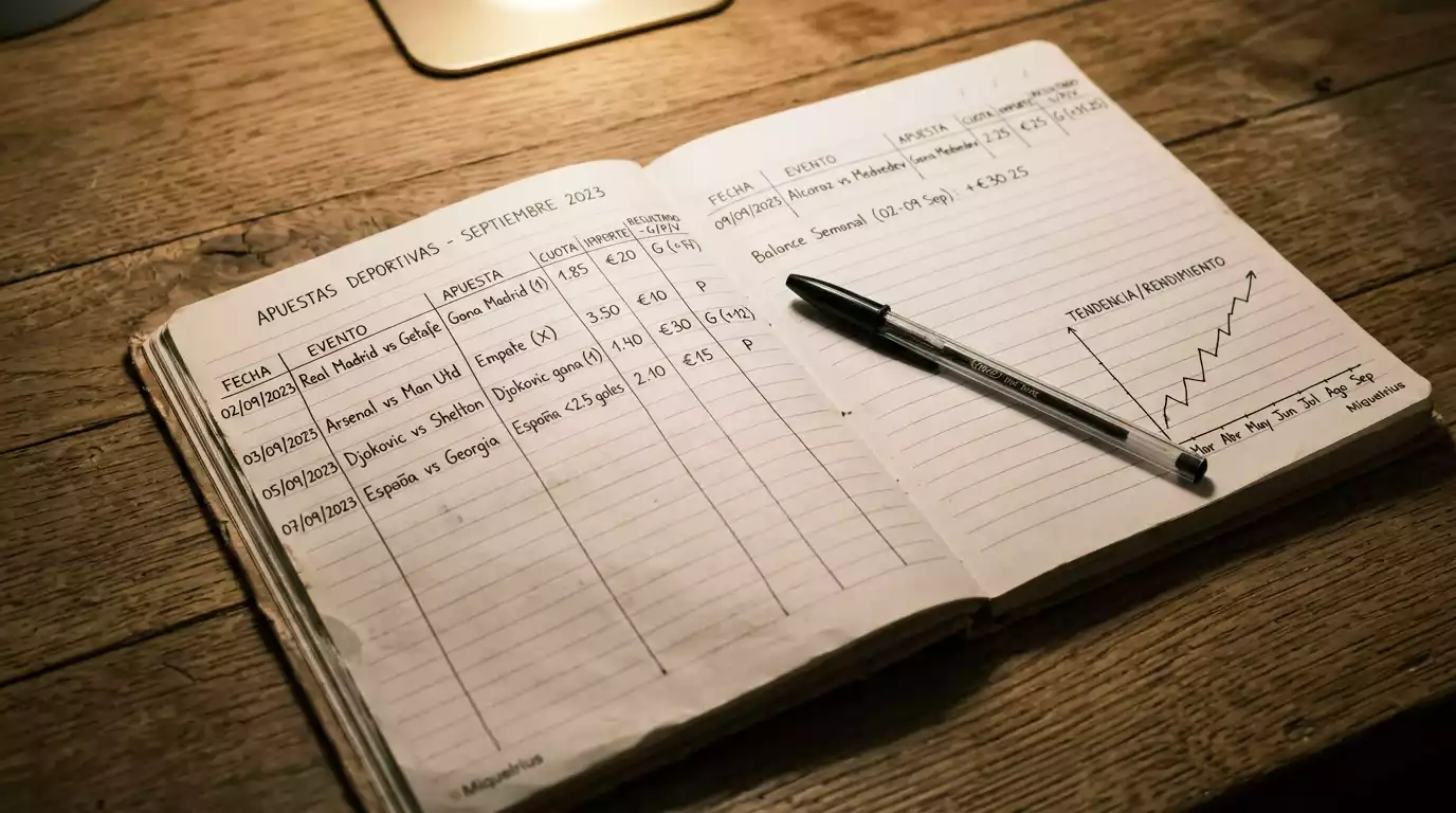 Cuaderno de registro con anotaciones de apuestas F1, porcentajes de bankroll y balance de temporada sobre mesa de trabajo