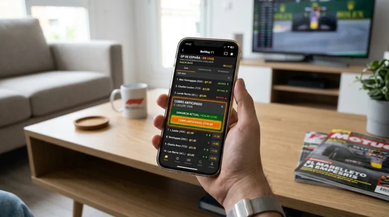 Interfaz de apuestas en vivo de F1 con botón de cash out y cuotas actualizándose en tiempo real