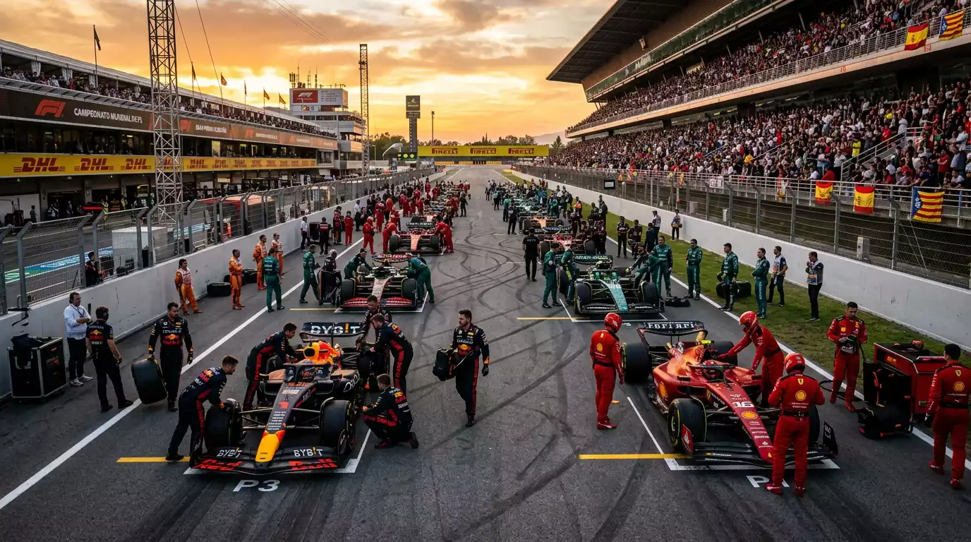 Pilotos de Fórmula 1 en parrilla de salida en circuito nocturno, con telemetría visible en pantallas del pitlane