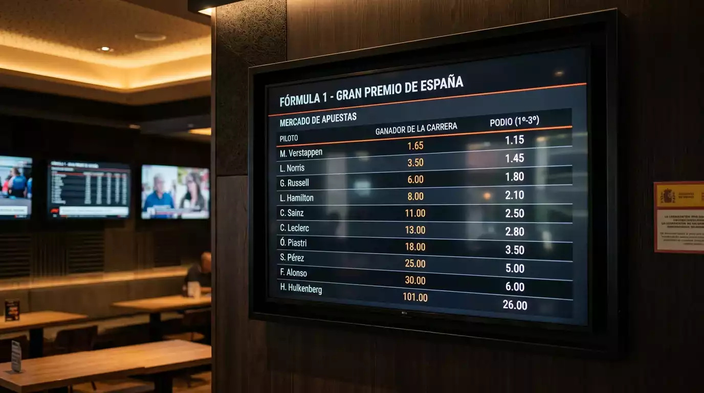 Pantalla de cuotas de F1 mostrando mercados de ganador de carrera y podio en un operador DGOJ