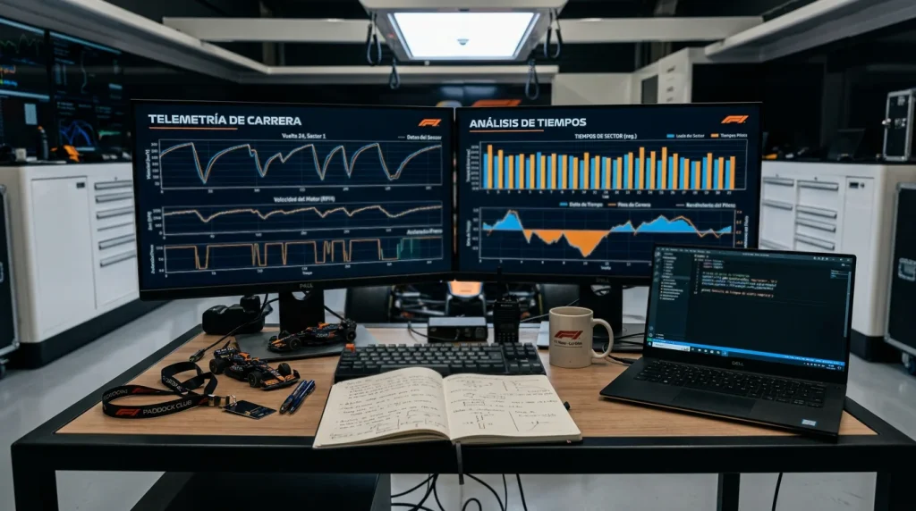 Pantalla de análisis de telemetría de F1 con datos de sectores y tiempos de vuelta para apuestas