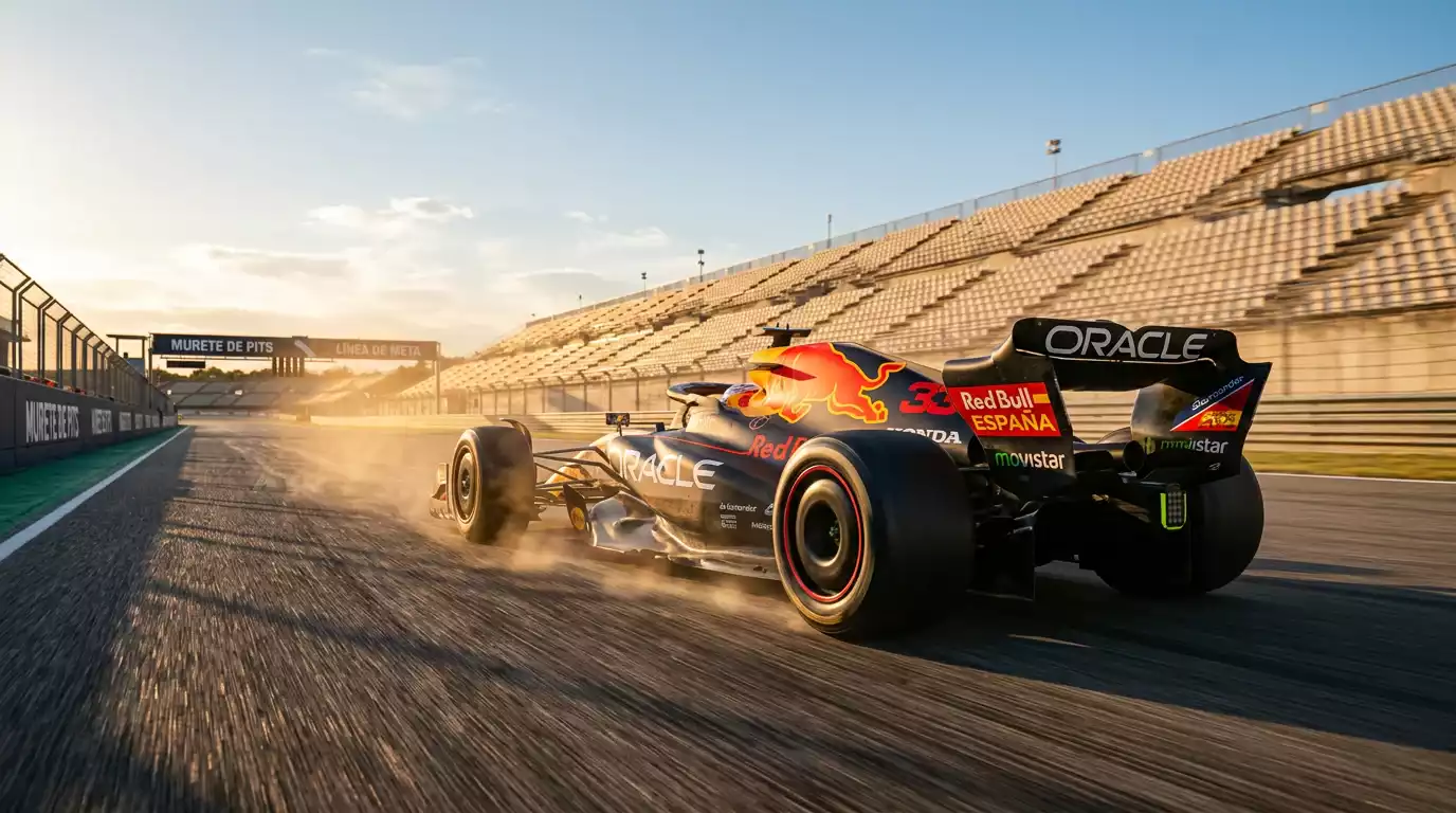 Panorámica del pitlane de Fórmula 1 con pantallas de cuotas en tiempo real