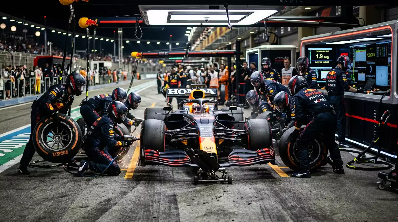 Mecánicos de F1 realizando un pit stop rápido mientras en pantalla se muestran cuotas en tiempo real del mercado live