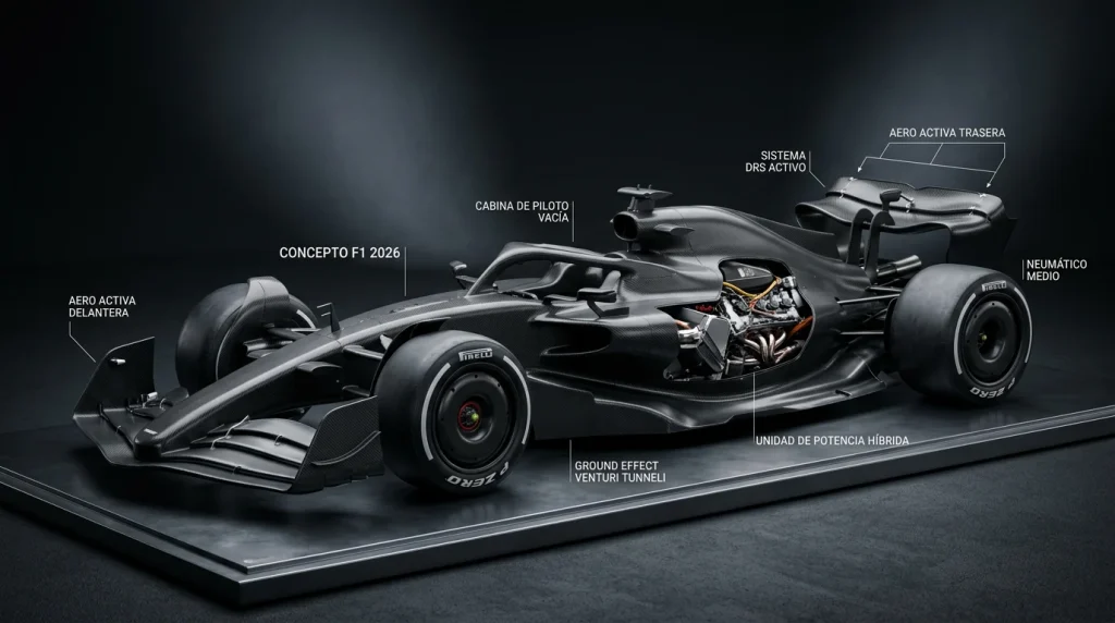 Monoplaza de F1 de 2026 con aerodinámica activa y unidad de potencia híbrida en pista