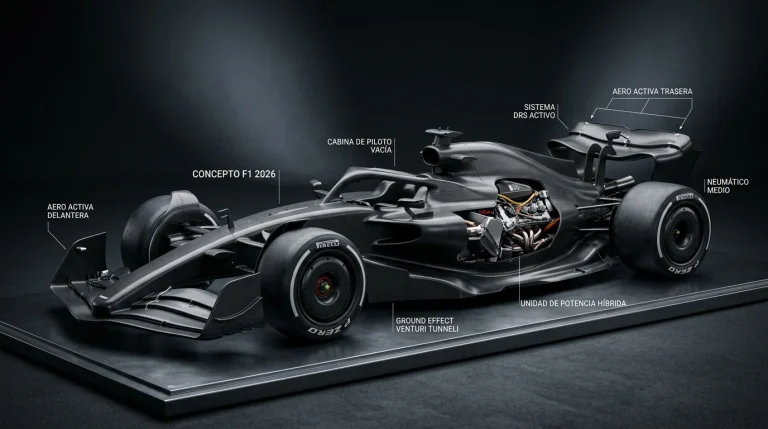Monoplaza de F1 de 2026 con aerodinámica activa y unidad de potencia híbrida en pista