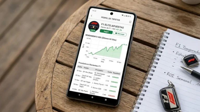 Gráfico de historial de picks de un tipster de F1 con registro de ROI y resultados verificables
